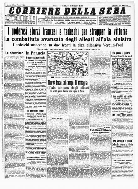 La prima pagina del Corriere della Sera del 25 settembre 1914