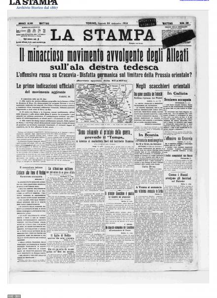 La prima pagina de La Stampa del 25 settembre 1914