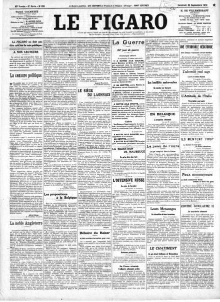 La prima pagina di Le Figaro del 25 settembre 1914