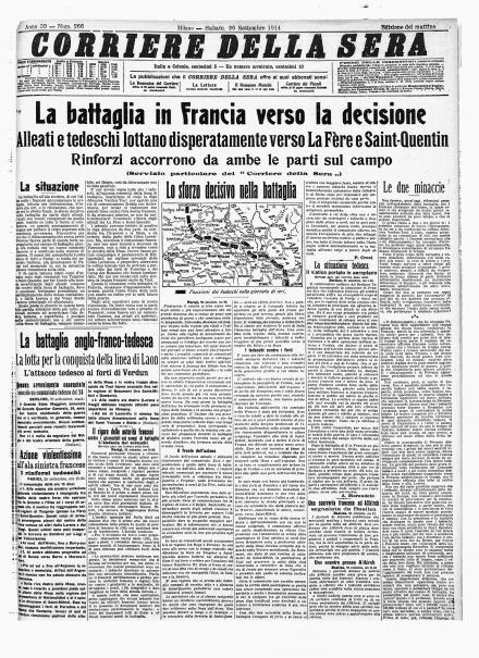 La prima pagina del Corriere della Sera del 26 settembre 1914