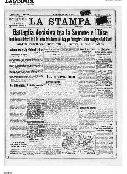 La prima pagina de la Stampa del 26 settembre 1914