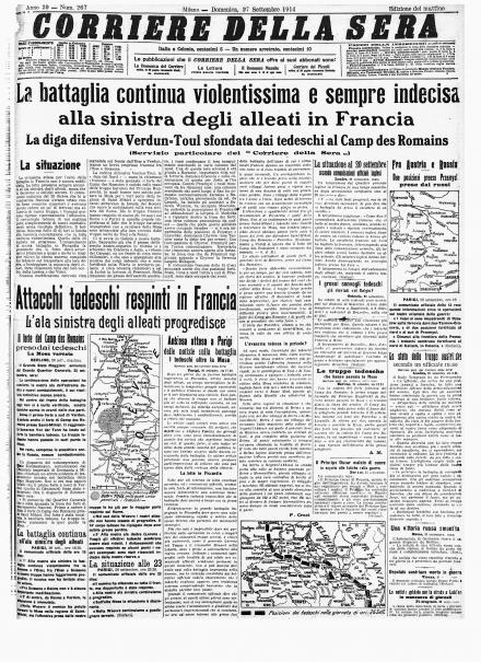 La prima pagina del Corriere della Sera del 27 settembre 1914