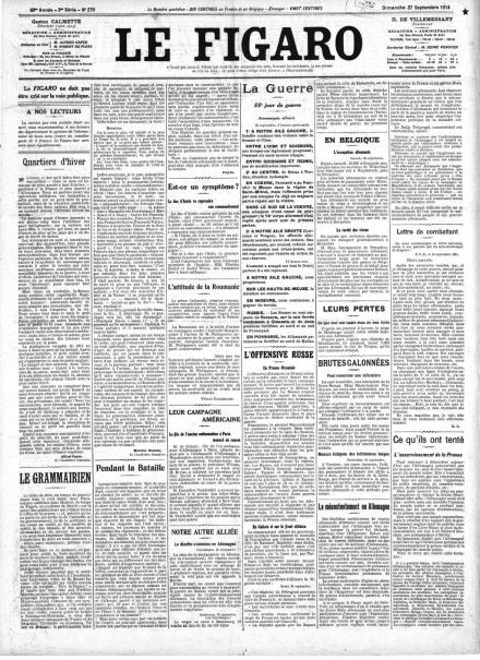 La prima pagina de Le Figaro del 27 settembre 1914