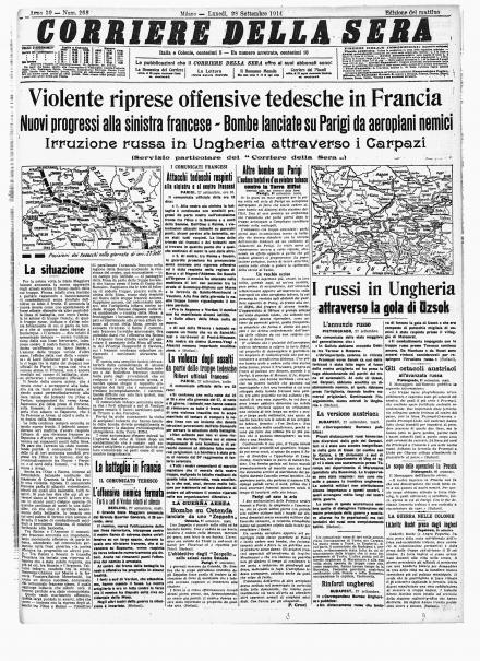 La prima pagina del Corriere della Sera del 28 settembre 1914