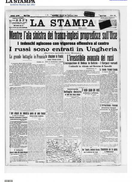 La prima pagina de La Stampa del 28 settembre 1914