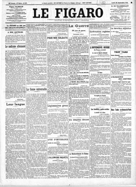 La prima pagina de Le Figaro del 28 settembre 1914