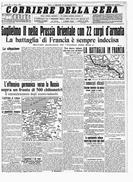 La prima pagina del Corriere della Sera del 29 settembre 1914
