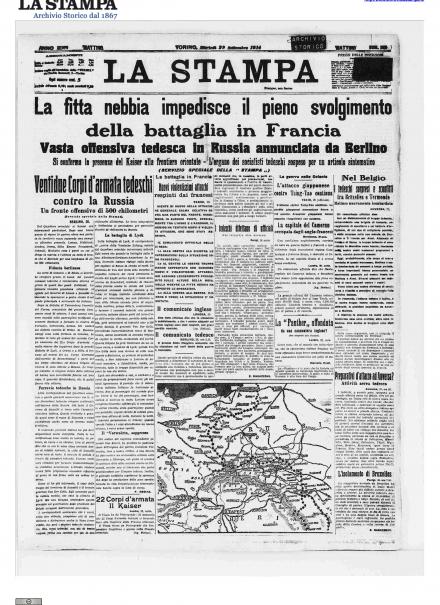 La prima pagina de La Stampa del 29 settembre 1914