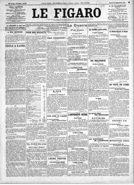 La prima pagina de Le Figaro del 29 settembre 1914