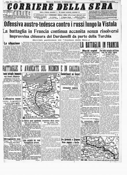 La prima pagina del Corriere della Sera del 30 settembre 1914