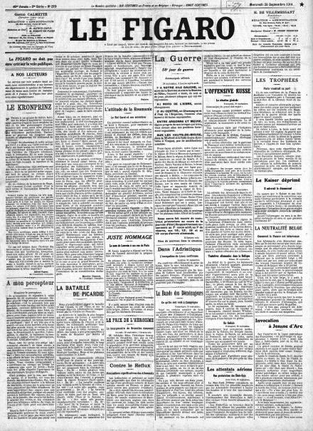 La prima pagina de Le Figaro del 30 settembre 1914
