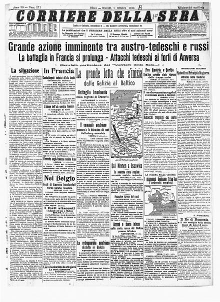 La prima pagina del Corriere della Sera dell'1 ottobre 1914