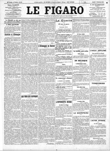 La prima pagina de Le Figaro dell'1 ottobre 1914