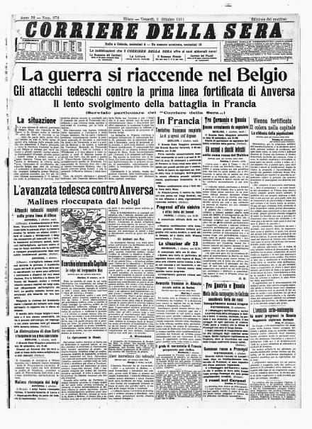 La prima pagina del Corriere della Sera del 2 ottobre 1914