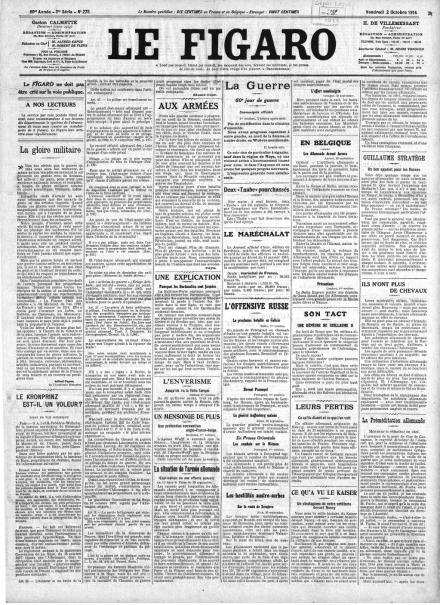 La prima pagina de Le Figaro del 2 ottobre 1914