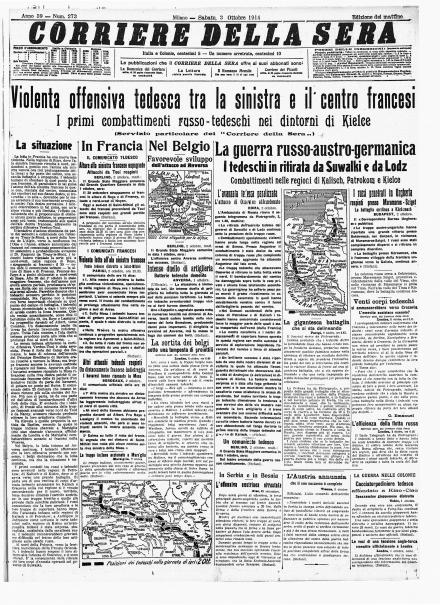 La prima pagina del Corriere della Sera del 3 ottobre 1914