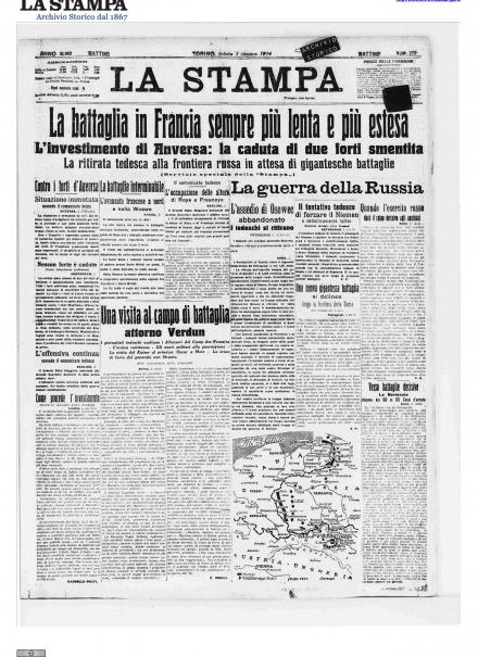 La prima pagina de La Stampa del 3 ottobre 1914