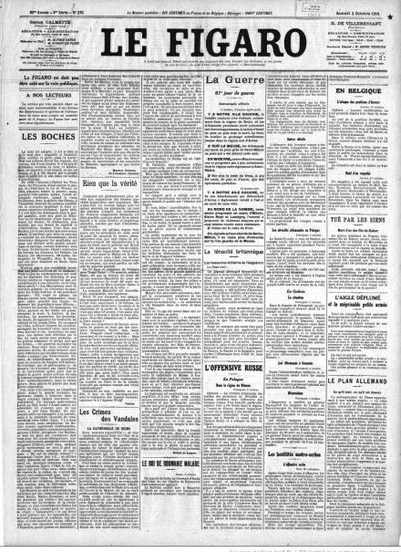 La prima pagina de Le Figaro del 3 ottobre 1914