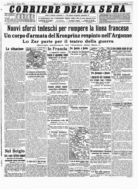 La prima pagina del Corriere della Sera del 4 ottobre 1914