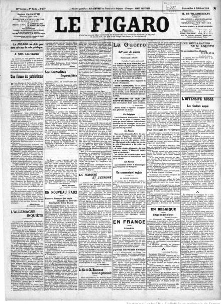 La prima pagina de Le Figaro del 4 ottobre 1914