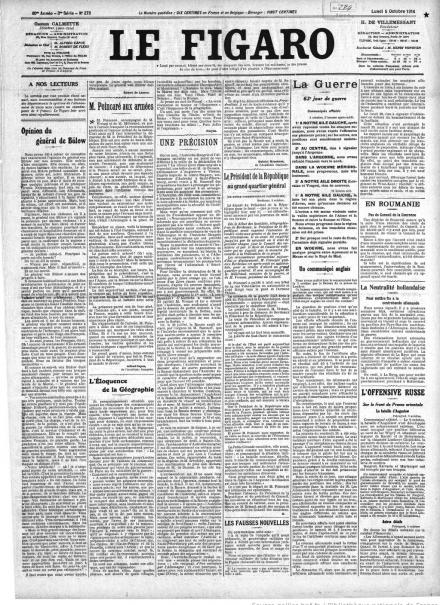 La prima pagina de Le Figaro del 5 ottobre 1914