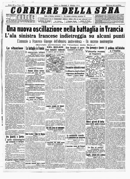 La prima pagina del Corriere della Sera del 6 ottobre 1914