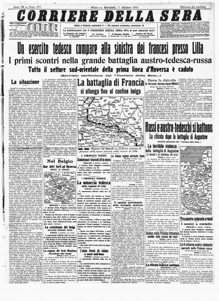 La prima pagina del Corriere della Sera del 7 ottobre 1914