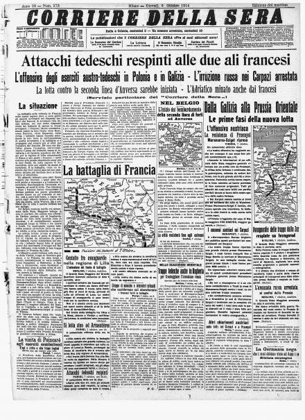 La prima pagina del Corriere della Sera dell'8 ottobre 1914