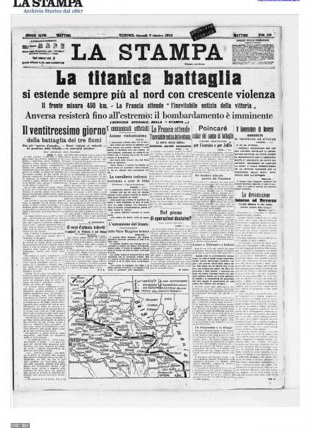 La prima pagina de La Stampa dell'8 ottobre 1914