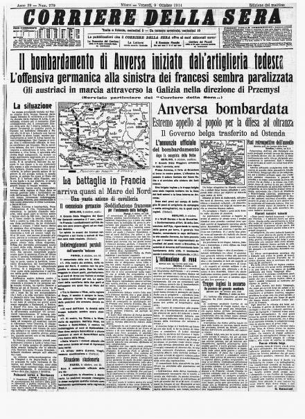 La prima pagina del Corriere della Sera del 9 ottobre 1914