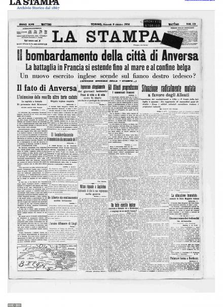 La prima pagina de La Stampa del 9 ottobre 1914