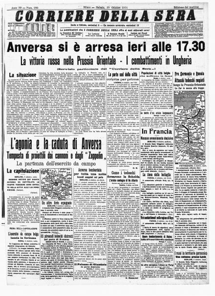 La prima pagina del Corriere della Sera del 10 ottobre 1914