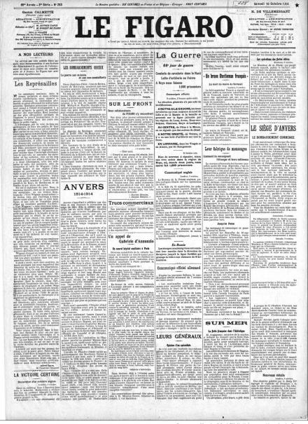 La prima pagina de Le Figaro del 10 ottobre 1914