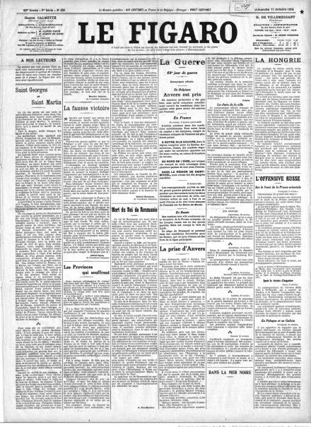 La prima pagina de Le Figaro dell'11 ottobre 1914