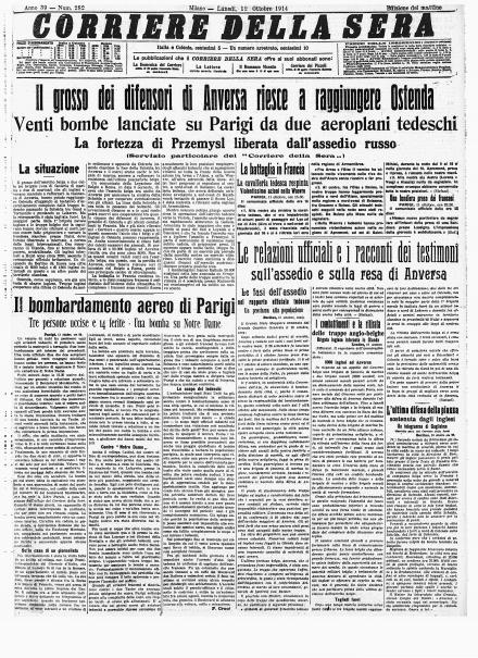 La prima pagina del Corriere della Sera del 12 ottobre 1914