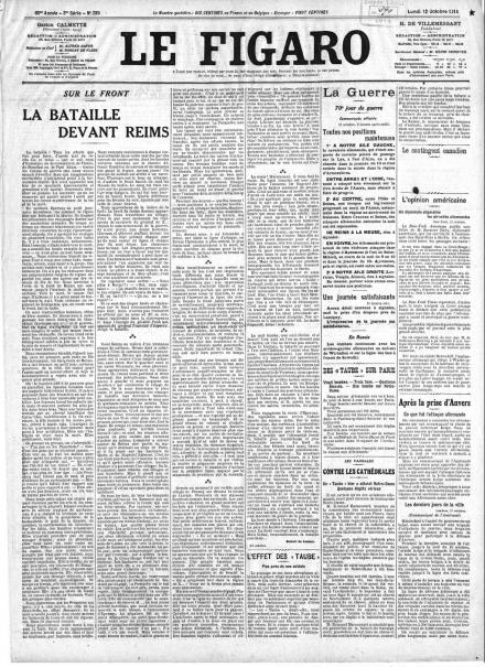 La prima pagina de Le Figaro del 12 ottobre 1914