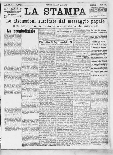 La prima pagina de La Stampa del 18 agosto 1917