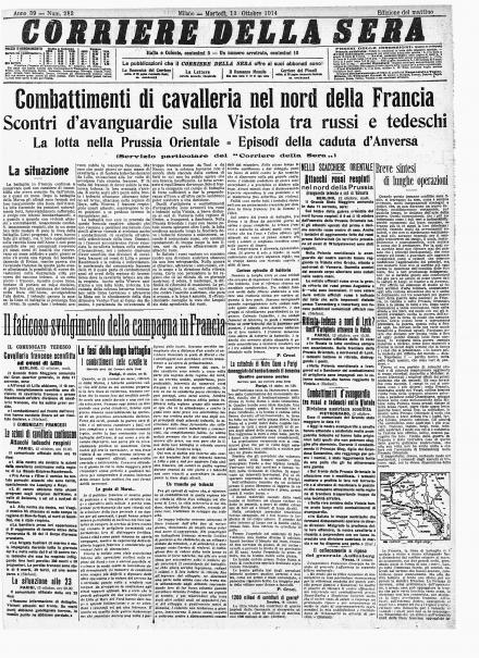 La prima pagina del Corriere della Sera del 13 ottobre 1914