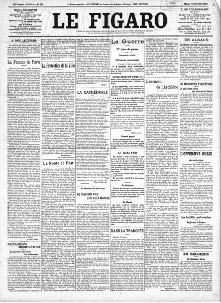 La prima pagina de Le Figaro del 13 ottobre 1914