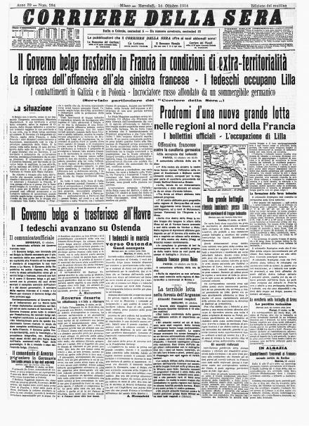 La prima pagina del Corriere della Sera del 14 ottobre 1914