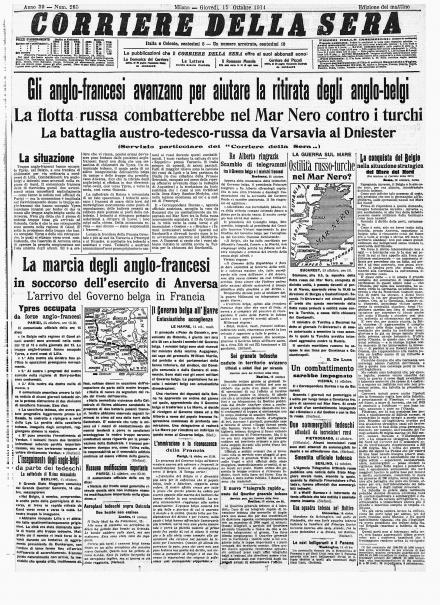 La prima pagina del Corriere della Sera del 15 ottobre 1914