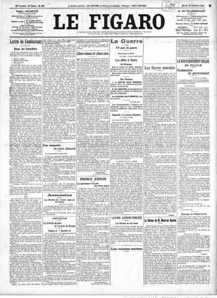 La prima pagina de Le Figaro del 15 ottobre 1914