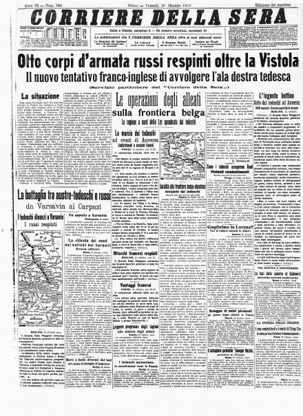 La prima pagina del Corriere della Sera del 6 ottobre 1914