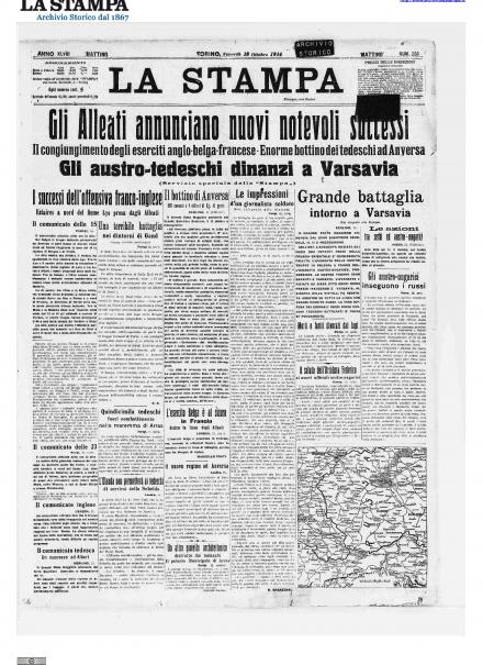 La prima pagina de La Stampa del 16 ottobre 1914