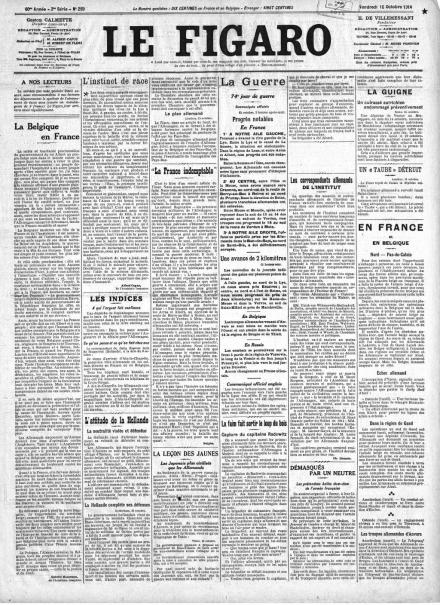 La prima pagina de Le Figaro del 16 ottobre 1914