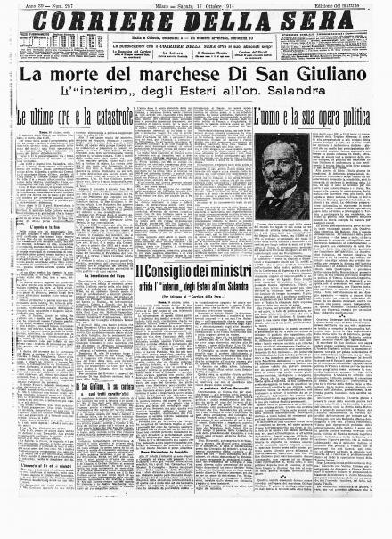 La prima pagina del Corriere della Sera del 17 ottobre 1914