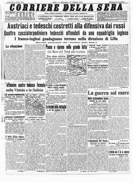 La prima pagina del Corriere della Sera del 18 ottobre 1914