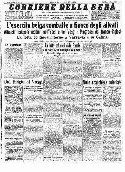 La prima pagina del Corriere della Sera del 19 ottobre 1914