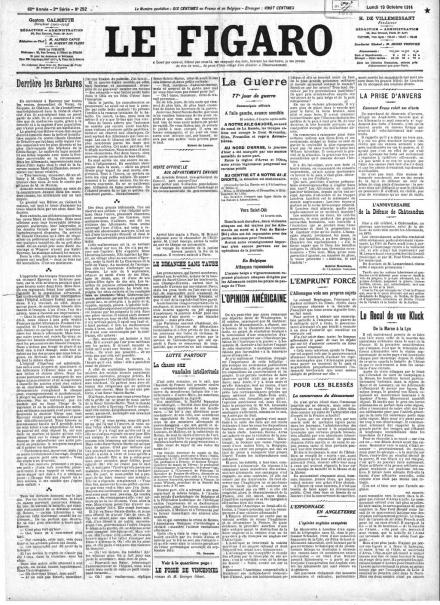 La prima pagina de Le Figaro del 19 ottobre 1914