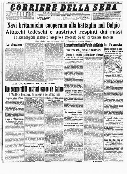 La prima pagina del Corriere della Sera del 20 ottobre 1914